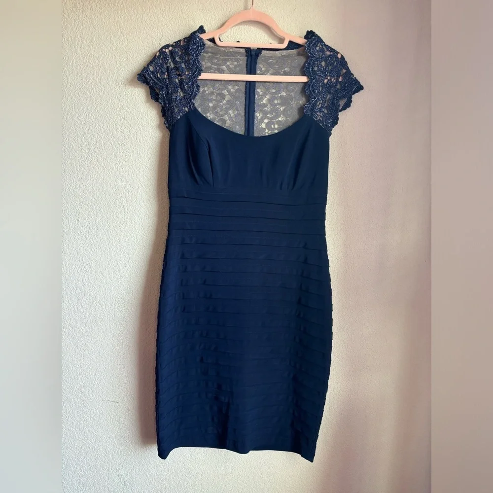 Xscape Navy Blue Lace Cap Sleeve Bodycon Jersey Special Occasion Sheath Dress 10 - Picture 3 of 12